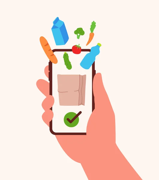 Hand Holds Smartphone Food Drink Falling Paper Bag Screen Concept — Archivo Imágenes Vectoriales