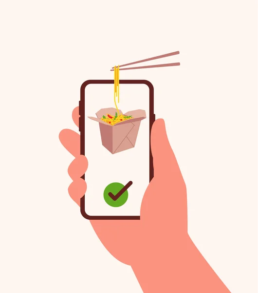 Hand Holds Smartphone Asian Noodle Vegetables Paper Box Chopsticks Noodles — Image vectorielle