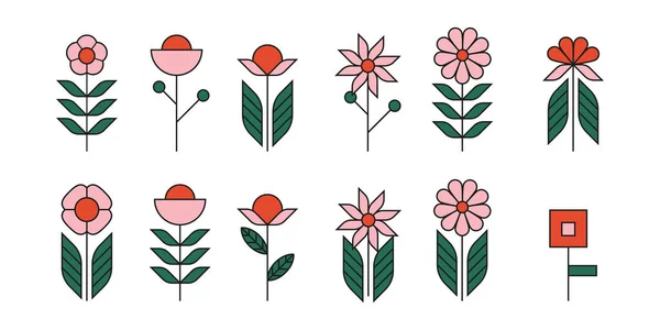 スカンディナヴィア風の抽象花をセットし 花のアイコンをアウトライン — ストックベクタ