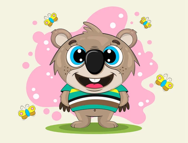 Cartoon koala in a striped T-shirt with flying butterflies. Colorful children's illustration. .