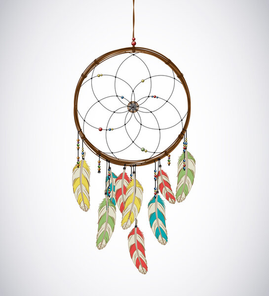 Dreamcatcher with feathers and Beaded Thread. Eethnic aztec, dra