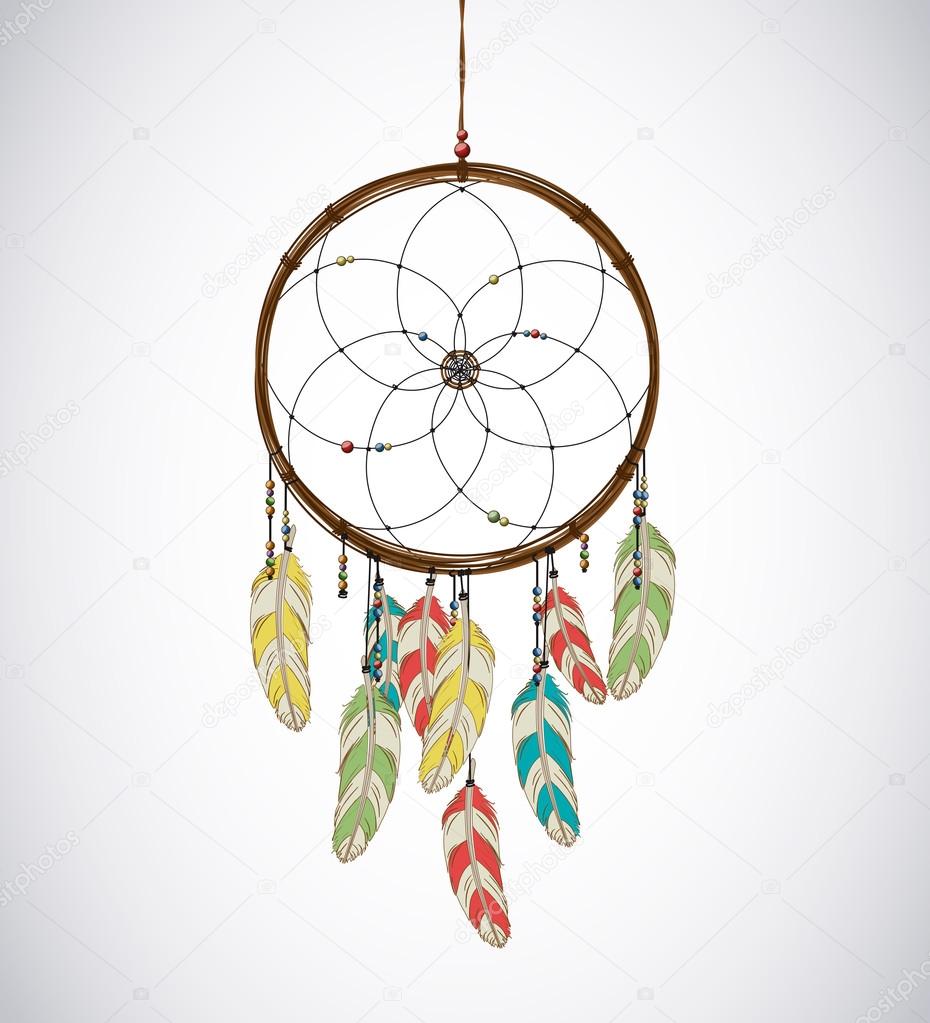 Dreamcatcher with feathers and Beaded Thread. Eethnic aztec, dra