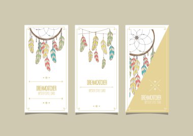 Rüya yakalayıcı hipster kartlar kümesi. Vektör çizim.