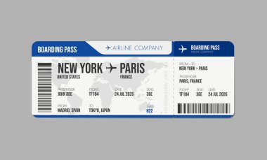 Uçak bileti tasarımı. Yolcu adı ve gideceği yer yazılı uçak bileti. Seyahat, seyahat ya da iş gezisi konsepti.