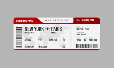 Uçak bileti tasarımı. Yolcu adı ve gideceği yer yazılı uçak bileti. Seyahat, seyahat ya da iş gezisi konsepti.
