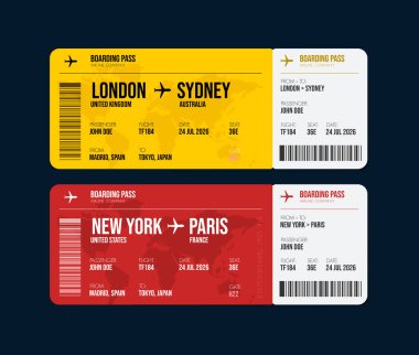 Uçak bileti tasarımı. Yolcu adı ve gideceği yer yazılı uçak bileti. Seyahat, seyahat ya da iş gezisi konsepti.