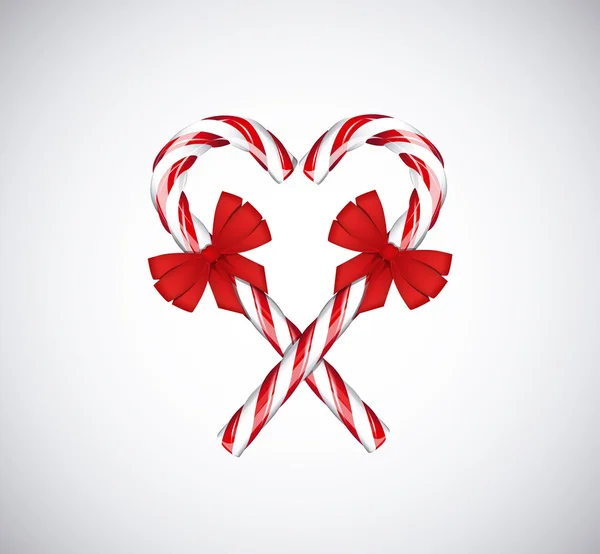 Bastoncini di zucchero natalizio tradizionali a forma di cuore con fiocco rosso ri — Vettoriale Stock