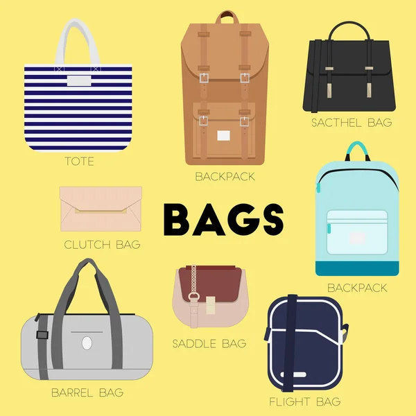 Diferentes tipos de bolsas e bolsas —  Vetores de Stock