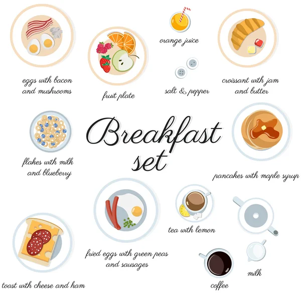 Gran conjunto de desayuno aislado en la vista superior blanca — Vector de stock