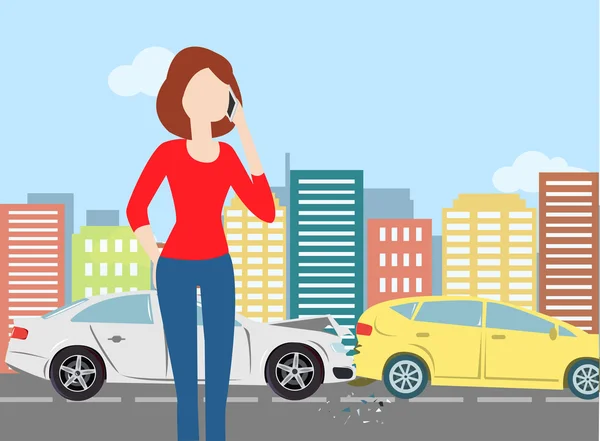 Mujer llamando después de accidente de coche en la ciudad — Vector de stock