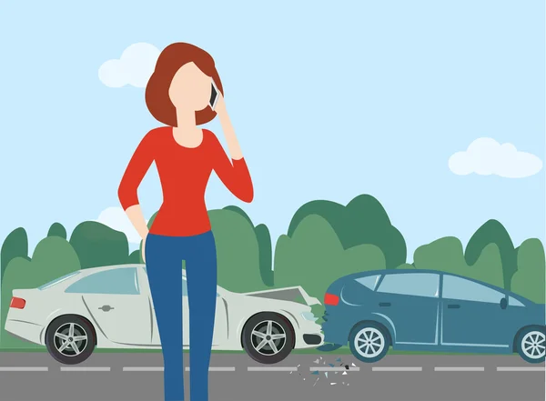 Mujer llamando después de accidente de coche en el camino del bosque — Archivo Imágenes Vectoriales