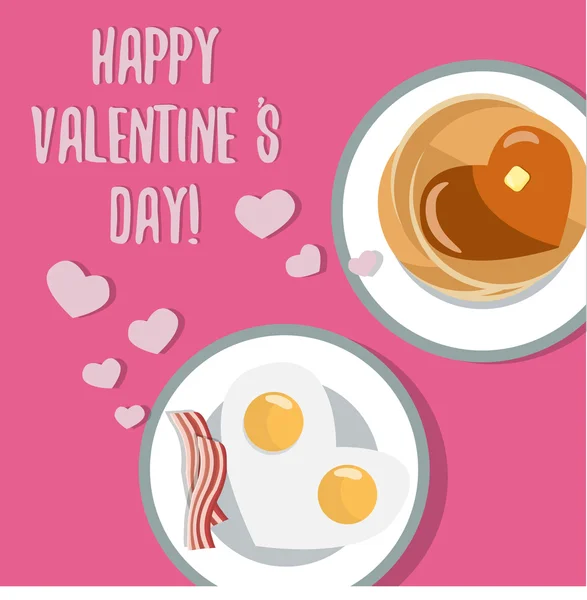 Colazione romantica. Bella carta vettoriale piatta per San Valentino. Uova fritte a forma di cuore e frittelle con sciroppo di cuore. Cucinare insieme — Vettoriale Stock