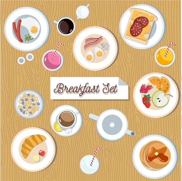 Beautiful breakfast set. Cute flat eggs with bacon, sausages, mushrooms and peas. Bread with cheese and ham. Cereal with blueberry. Fruit bowl with orange, strawberry and raspberry.Croissant — Stock Vector