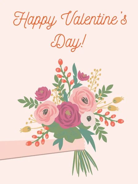 Beautiful retro floral card for Valentines Day. Cute flat vector hand with bouquet of flowers — Stock Vector