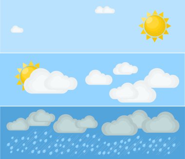 Hava farklı türleri. Gün ve yaz. Düz vektör çizim. Semboller ve hava Tema simgeleri.