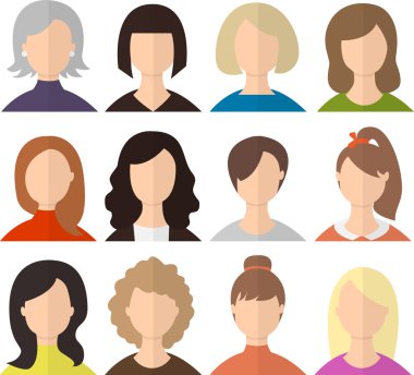 Vektör kadın avatarları veya simgeler kümesi. En az düz illüstrasyon. Karakter koleksiyonu