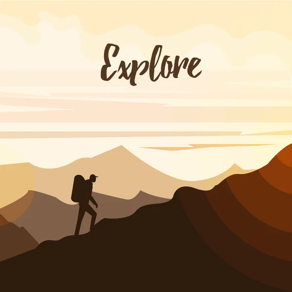 Man hiker on a top of a mountain. Minimal flat vector graphics for web site, advertisement, printed material, banner or flier. Explore and adventure concept. Retro hipster poster — Stock Vector