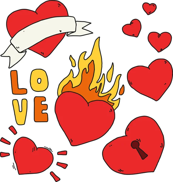 Set de pegatinas manuscritas para el día de San Valentín. Corazón con fuego, cerradura, cinta. Plano vector retro tatuaje dibujos . — Archivo Imágenes Vectoriales