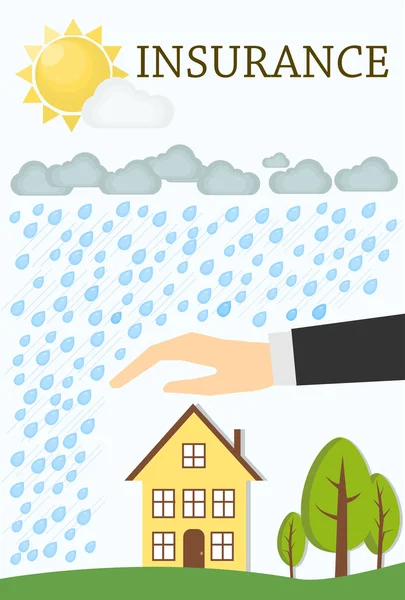 Concepto de seguro. Ilustración mínima de vectores planos. Casa con árboles, tormenta, lluvia y sol . — Vector de stock