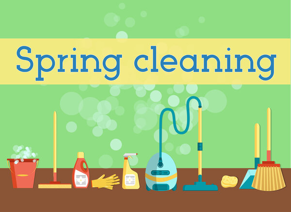 Весенняя уборка минимальная и красочная плоская векторная графика для веб-сайта, плаката, баннера, флаера или печати. Комплект инструментов для чистки и бытовых приборов
.