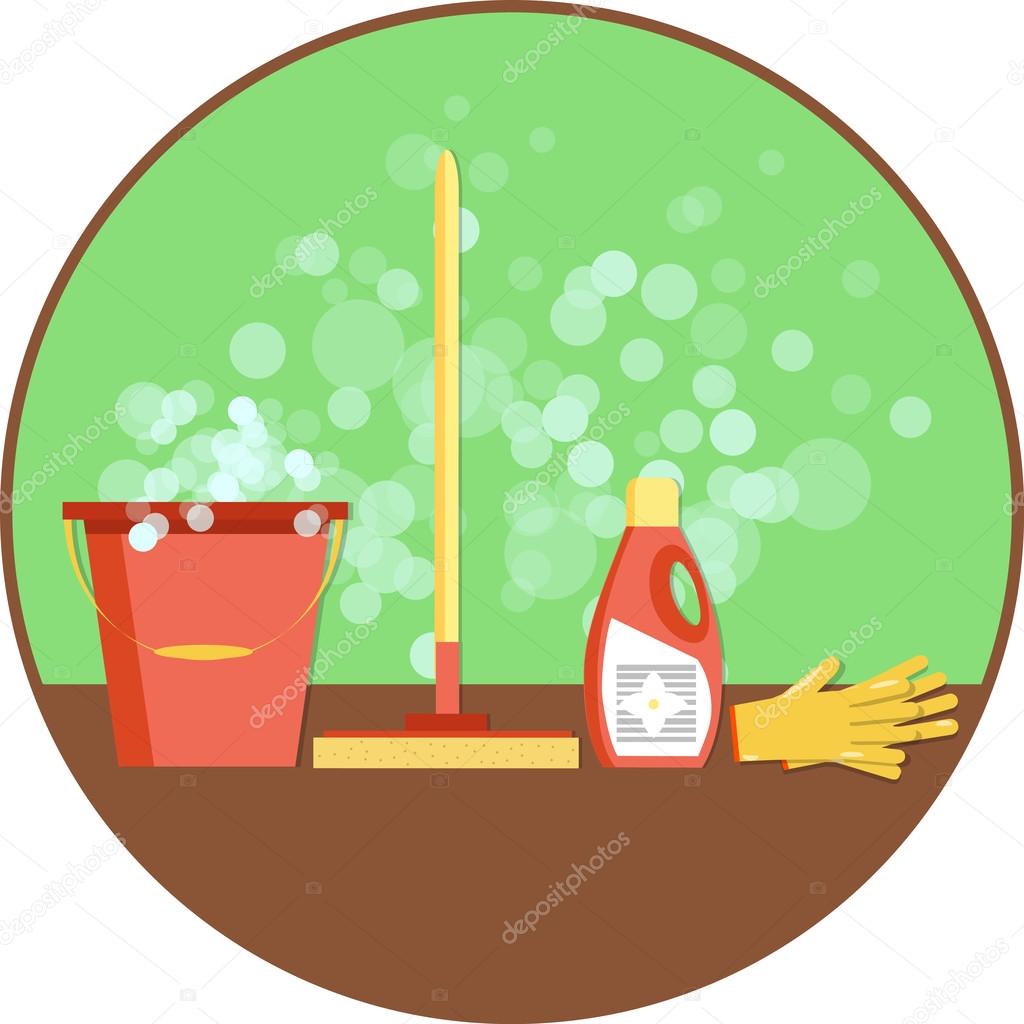 Concept of cleaning. Flat vector set of cleaning tools and household supplies. Minimal vector graphics for web site, poster, banner, flier or print.