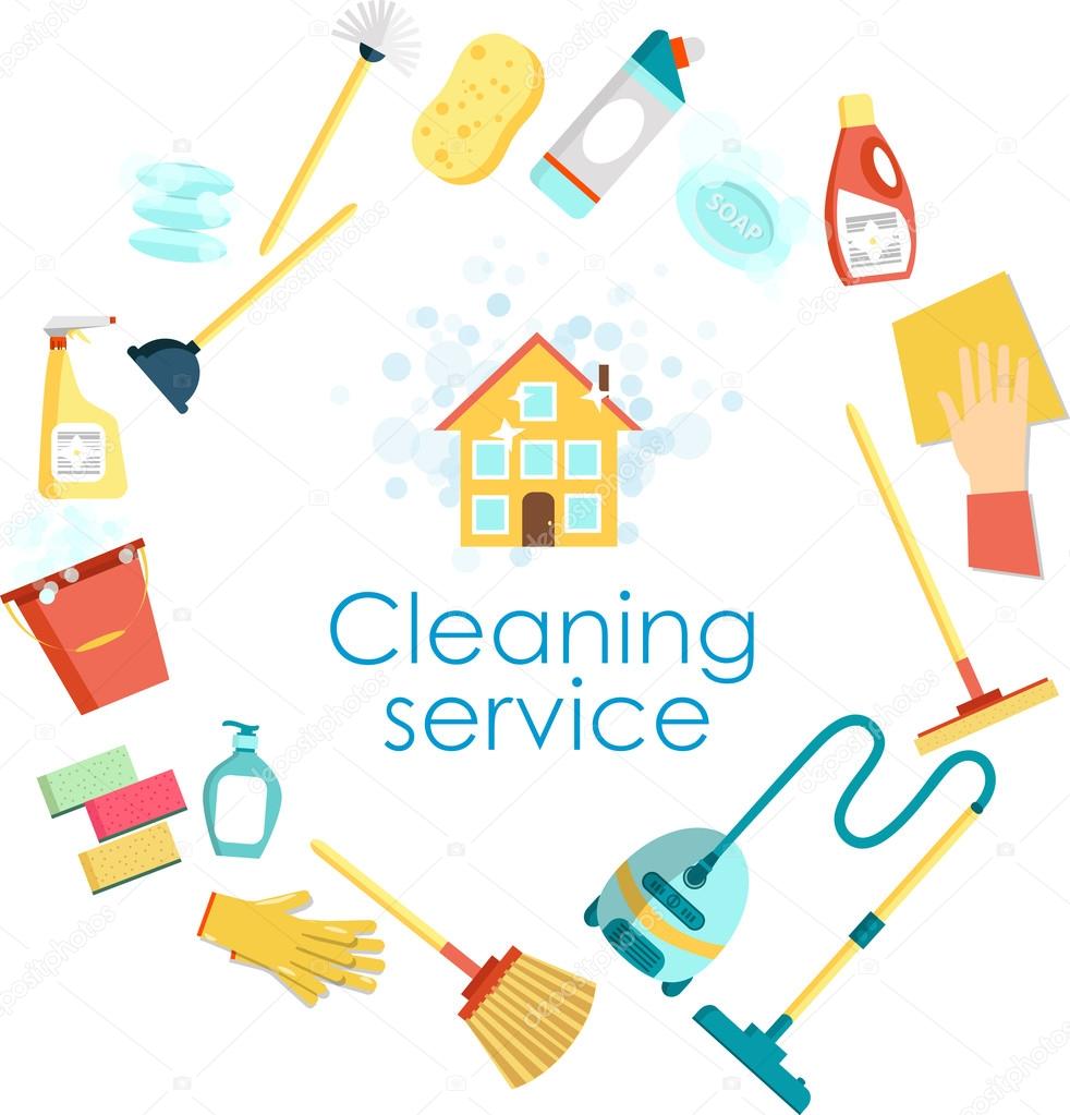 Concept of cleaning service. Flat vector set of cleaning tools and household supplies. Minimal vector graphics for web site, poster, banner, flier or print.