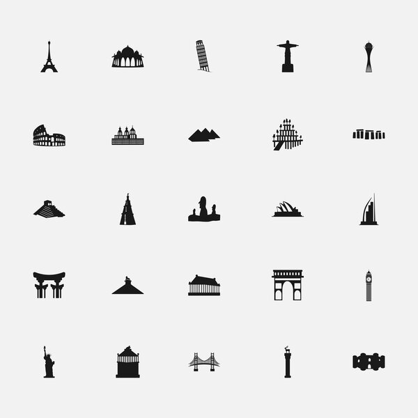 black icons memorable places on a white background flat style