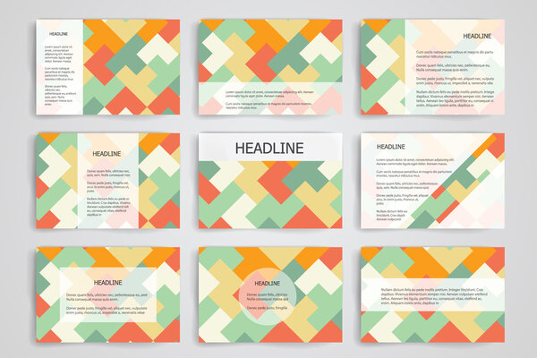 Set of 9 vector templates for presentation slides. Abstract multicolored background of blurred nature landscapes, geometric vector, triangular style illustration.