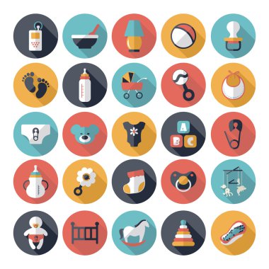 Bebek semboller koleksiyonu. Düz simgeler. Çocuk ve bebek eşyaları