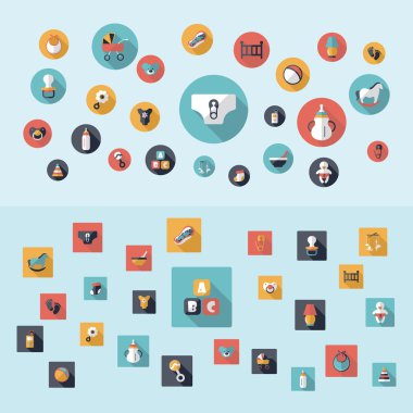 Bebek semboller koleksiyonu. Düz simgeler. Çocuk ve bebek eşyaları