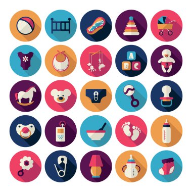 Bebek semboller koleksiyonu. Düz simgeler. Çocuk ve bebek eşyaları