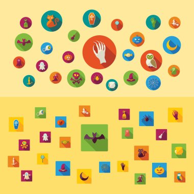 Cadılar Bayramı semboller koleksiyonu. Düz simgeler. Korkunç tatil