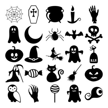 Beyaz üzerine siyah simgeler kümesi Cadılar Bayramı arka plan