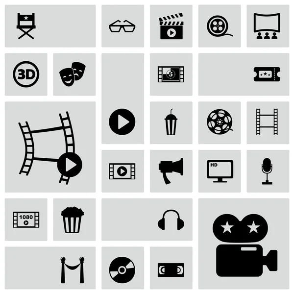 Conjunto de ícones pretos sobre filme de fundo branco e cinema — Vetor de Stock