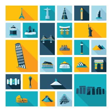 Dünya ünlü anıtlar gölge manzaraları ile düz konsept tasarımı