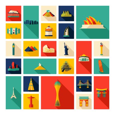 Dünya ünlü anıtlar gölge manzaraları ile düz konsept tasarımı