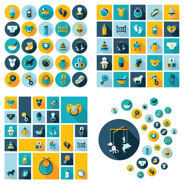 Collection de symboles bébé. Icônes plates. Matériel de pépinière — Image vectorielle