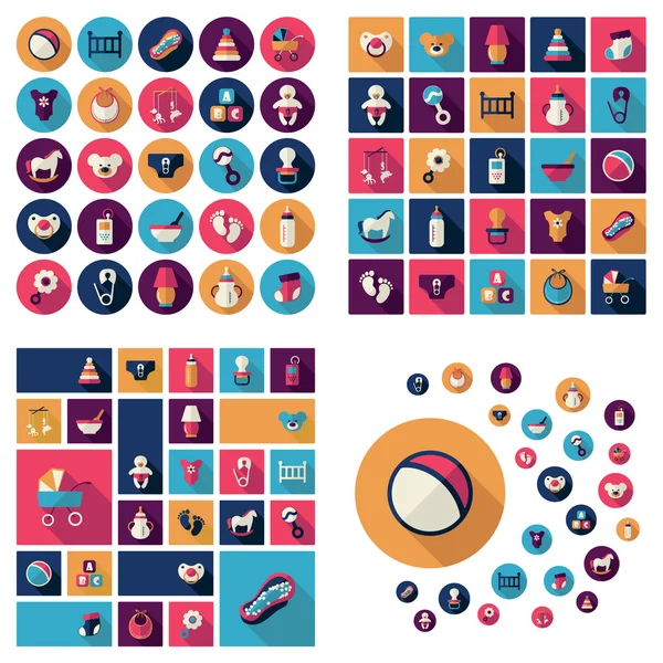 Collection de symboles bébé. Icônes plates. Matériel de pépinière — Image vectorielle