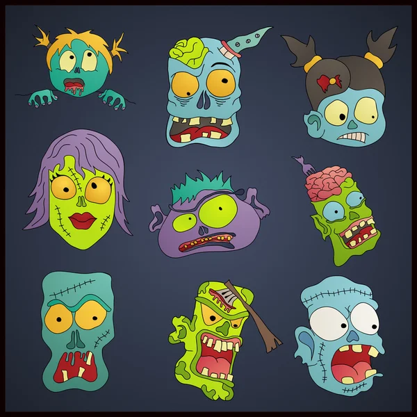 Zombies cara de dibujos animados sobre un fondo oscuro — Vector de stock