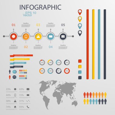 Retro bilgi grafikleri ayarlandı. Dünya Haritası ve Bilgi Grafikleri