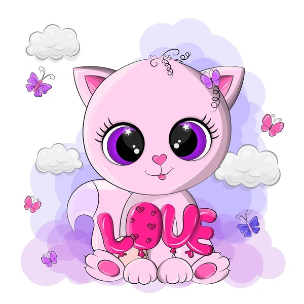 かわいいピンクの猫 大きな愛情の目で クリップアート猫は その爪の近くに碑文の愛を持っています ペットは笑顔で 彼が恋をしていることを示しています 猫はかわいいスタイルで作られています — ストックベクタ