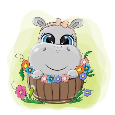 Komik bir su aygırı çiçek sepetinde oturur. Su aygırı bir çizgi film kawaii tarzında yapılır. Resmin yeşil arka planda birçok rengi var, su aygırı sevimli gülümsüyor..