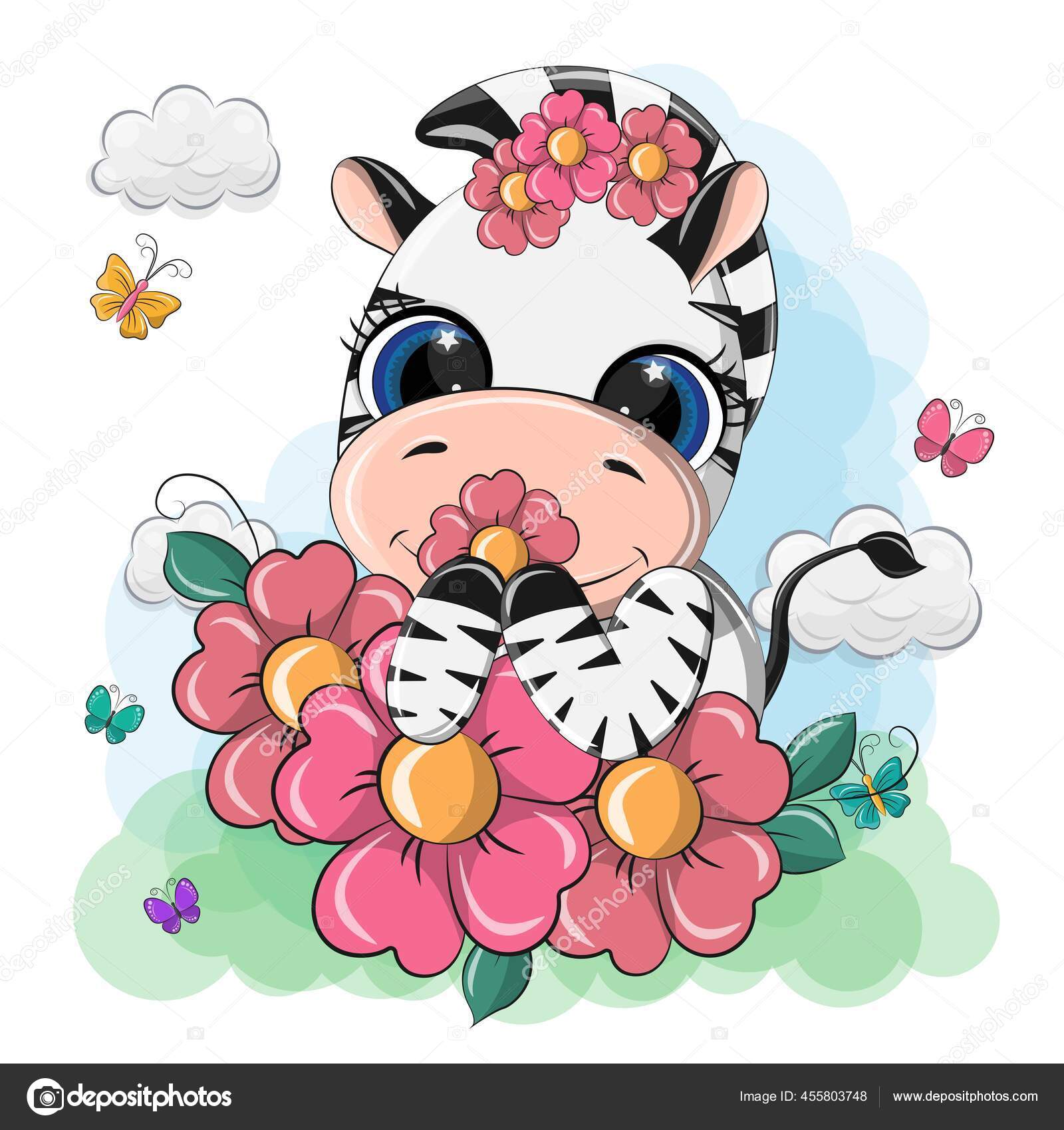 Sebuah Ilustrasi Lucu Dari Zebra Sekitar Yang Ada Banyak Bunga