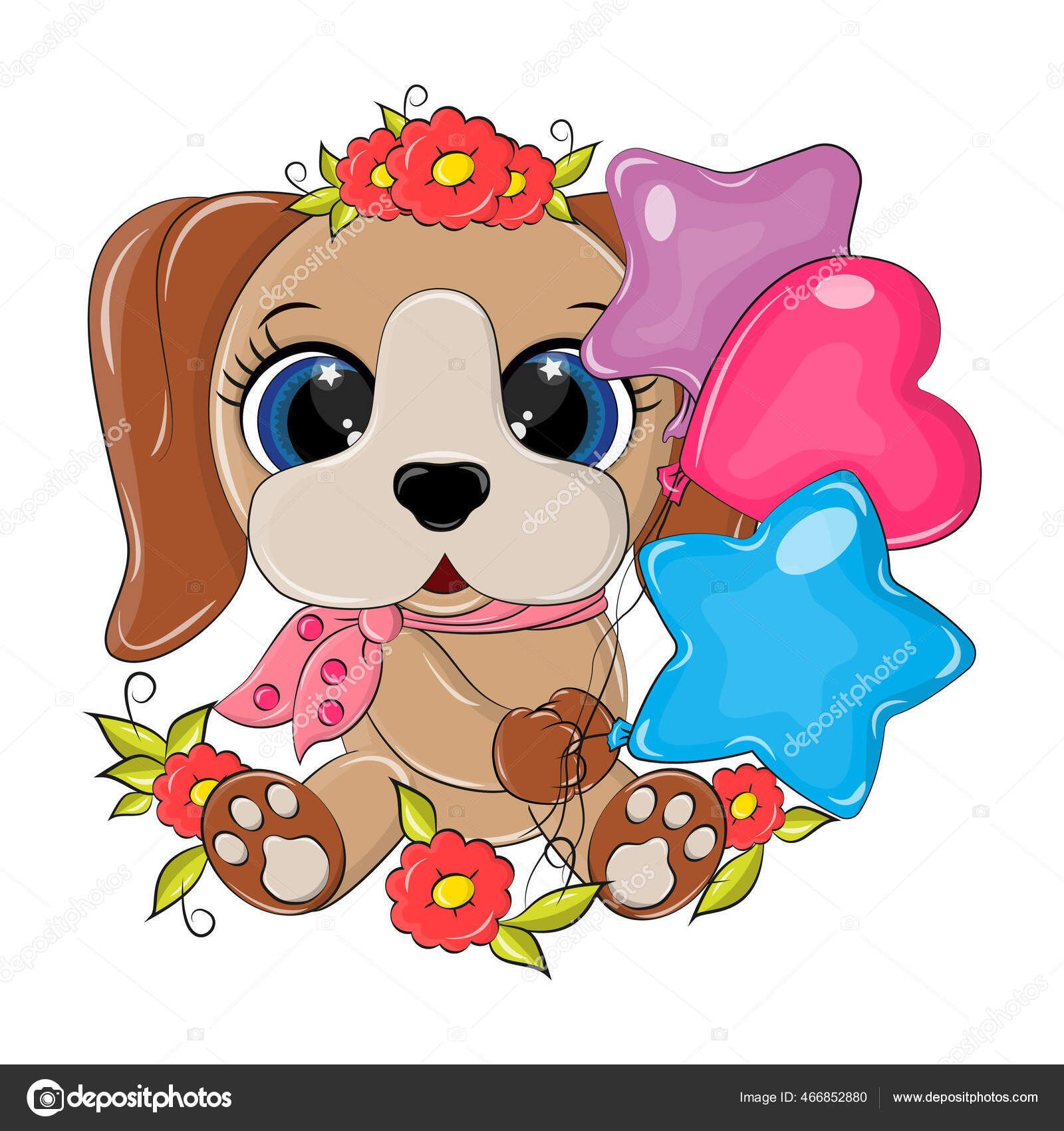 有趣的孤独的小狗有可爱的微笑和气球在它的爪子狗的矢量图是用漫画的形式画的人物坐在花丛中, image size:1600x1700