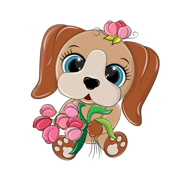 Zabawny Pies Wektor Bukietem Tulipanów Łapach Także Pięknym Różowym Kwiatem — Wektor stockowy