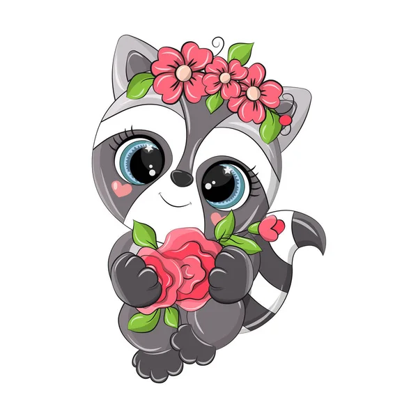 Isolated Raccoon Bouquet Flowers Smiling Cute Little Embarrassed Clip Art — Stock Vector