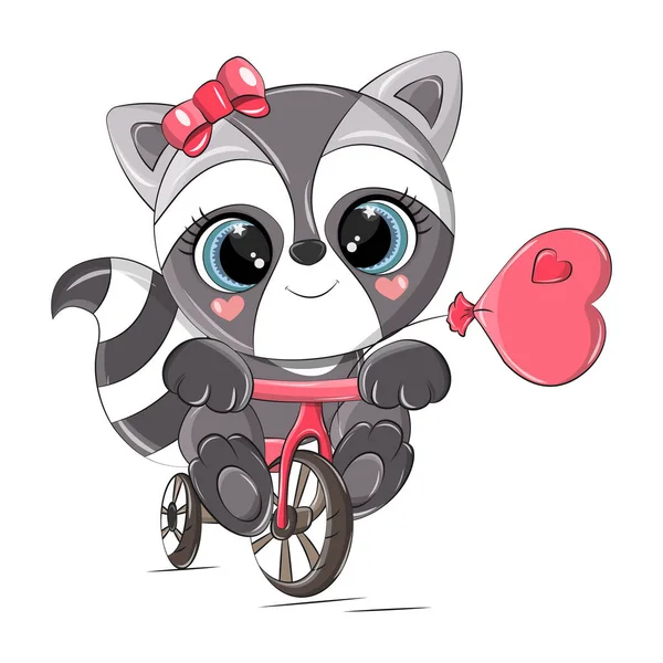 Cute Vector Raccoon Bike Funny Raccoon Isolated White Background Perfect — Stock Vector