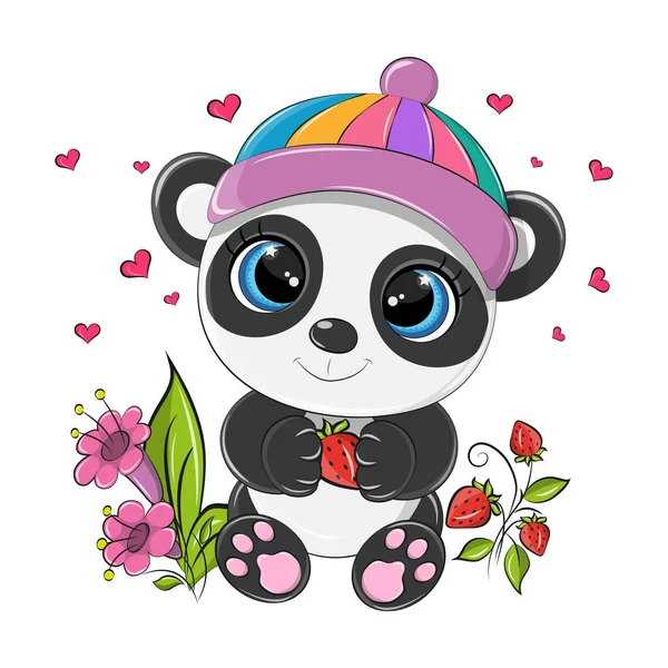 Baby Panda Vektor Äng Med Blommor Och Jordgubbar Tassarna Den — Stock vektor