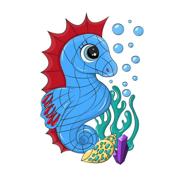 Illusztráció Egy Aranyos Csikóhal Kék Színű Végzik Fehér Alapon Tengeri — Stock Vector