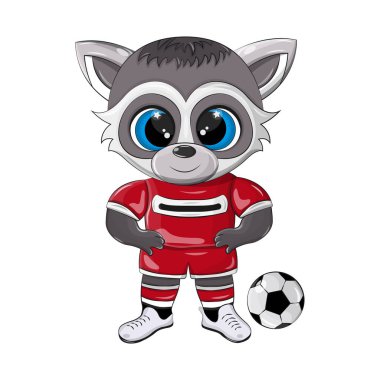 Spor ayakkabılı ve futbol toplu bir rakun futbolcusunun vektör çizimi. Aktif sporlarla uğraşan bir hayvanın şirin, izole bir tasviri, çocukların güzel baskısı..